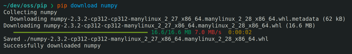 screeenshot of pip download numpy with a yellow elapsed time value near the progress bar